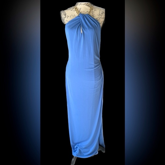Ralph Lauren Evening Dress Exquisite Blue Halter Chain Neckline True to Size 12 - Picture 4 of 14